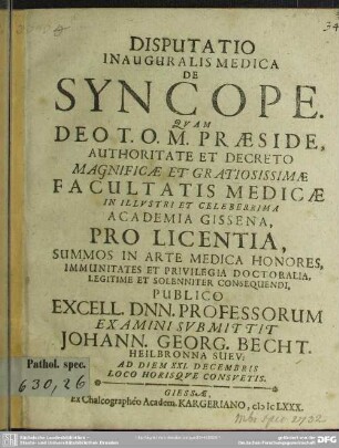 Disputatio inauguralis medica de syncope