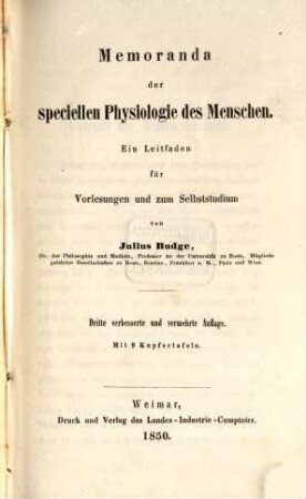 Memoranda der speciellen Physiologie des Menschen