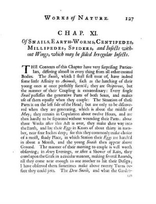 Chap. XI.: Of Snails, Earth-Worms, Centipedes, Millipedes, Spiders, and Insects without Wings, which may be stiled Irregular Insects.