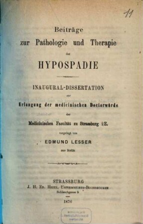 Beiträge zur Pathologie und Therapie der Hypospadie : (Inaugural-Dissertation.)