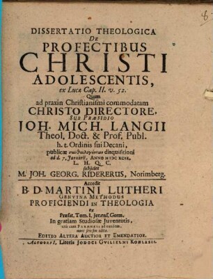 Dissertatio Theologica De Profectibus Christi Adolescentis ex Lucae Cap. II. v. 52