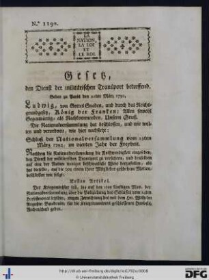 Gesetz, den Dienst der militärischen Transport betreffend.