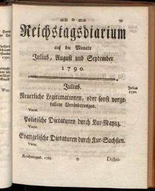 Reichstagsdiarium auf die Monate Julius, August und September 1790.
