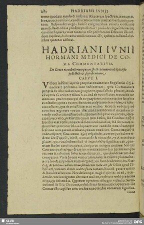 Hadriani Iunii Hormani Medici De Coma Commentarium