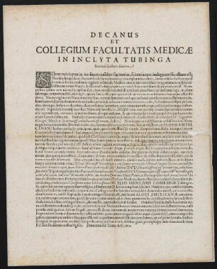 Decanus Et Collegium Facultatis Medicae In Inclyta Tubinga Benevolè Lecturis Salutem!