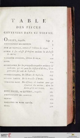 Table de pieces contenues dans ce volume