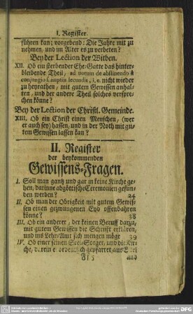 II. Register der beykommenden Gewissens-Fragen