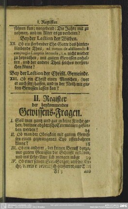 II. Register der beykommenden Gewissens-Fragen