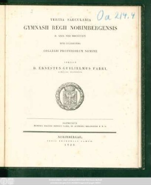 Memoria Ioannis Ernesti Fabri, In Academia Erlangensi P. P. O.