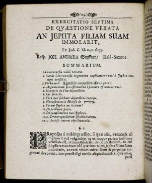 Exercitatio Septima De Quæstione Vexata An Jephta Filiam Suam Im Molarit.