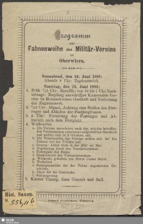 Programm zur Fahnenweihe des Militär-Vereins zu Oberwiera