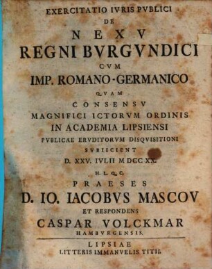 Exercitatio Ivris Pvblici De Nexv Regni Bvrgvndici Cvm Imp. Romano-Germanico