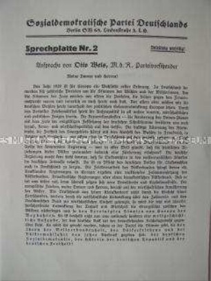 Textblatt zu einer Schallplatte mit einer Rede des SPD-Vorsitzenden Otto Wels