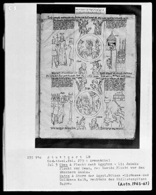 Armenbibel — Bildseite mit zwei Gruppen von typologischen Szenen, Folio 3recto