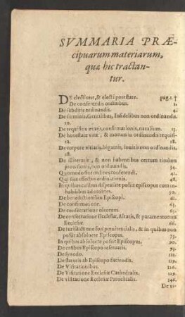 Svmmaria Praecipuarum materiarum, quae hic tractantur.
