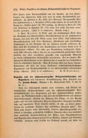 274-277 [Rezension] Geyser, Joseph, Augustin und die phänomenologische Religionsphilosophie der Gegenwart