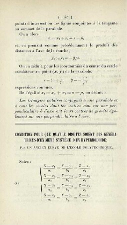 Condition pour que quatre droites soient les génératrices d'un mème système d'un hyperboloide.