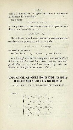 Condition pour que quatre droites soient les génératrices d'un mème système d'un hyperboloide.