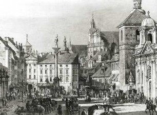 Warschau. Krakauer Vorstadt in Richtung der Sigmunds-Säule und des Krakauer Tores : Warschau. Krakauer Vorstadt in Richtung der Sigmundus-Säule und des Krakauer Tores. Öl auf Leinwand; 115 x 170,5 cm (vor 1780; B. Bellotto). Detail mit Johanneskirche, Sigismundus-Säule und Krakauer Tor. Warschau: Nationalmuseum