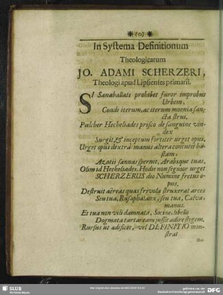 In Systema Definitionum Theologicarum Jo. Adami Scherzeri, Theologi apud Lipsienses primarii