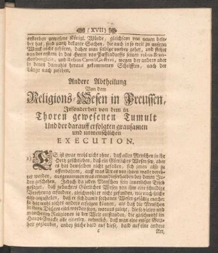 Andere Abtheilung Von dem Religions-Wesen in Preussen, Insonderheit von dem in Thoren gewesenen Tumult Und der darauff erfolgten grausamen und unmenschlichen Execution.