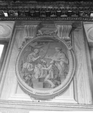 Frieszone mit fingierten Fenstern und spielenden Putten, Detail: ovales Bildfeld "Papst Paul V. Borghese, Kardinal Scipione Borghese und Principe Marcantonio II. Borghese"