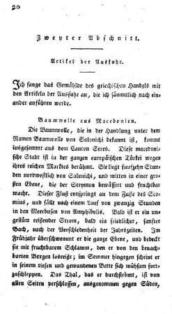 Zweyter Abschnitt: Artikel der Ausfuhr. Baumwolle. Taback. Getreide. Wolle. Honig. Oehl. Korinthen. Färberröthe. Kermes. Seide.