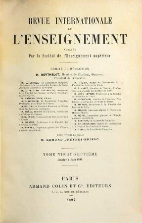 Revue internationale de l'enseignement. 27. 1894