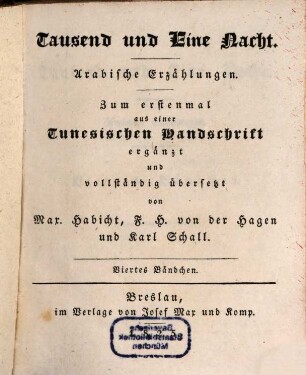 Tausend und eine Nacht : arabische Erzählungen. 4. Bändchen