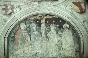 Christus am Kreuz zwischen Maria und Johannes und Petrus und Paulus