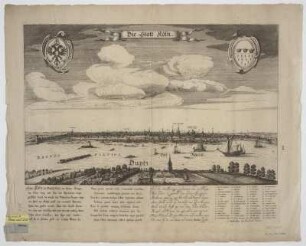 Ansicht von Köln, Radierung, um 1650? : Die Statt Koeln / by Hendrick Focken. - Amsterdam : Focken , [ca. 1650?]. - 1 Ansicht : Radierung ; 50 x 32 cm. Mit Erl. und 2 Wappen
