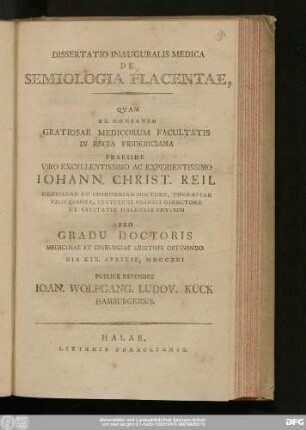 Dissertatio Inauguralis Medica De Semiologia Placentae