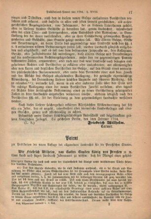 Patent zur Publikation der neuen Auflage des allgemeinen Landrechts für die Preußischen Staaten.