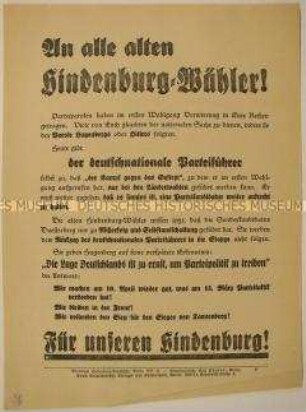 Wahlaufruf der Vereinigten Hindenburg-Ausschüsse zur Wiederwahl Paul von Hindenburgs