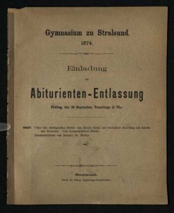 1873/74(1874): Ueber den ontologischen Beweis vom Dasein Gottes. Einladung zur Abiturienten-Entlassung. - 1873/74 : mit besonderer Beziehung auf Anselm und Descartes