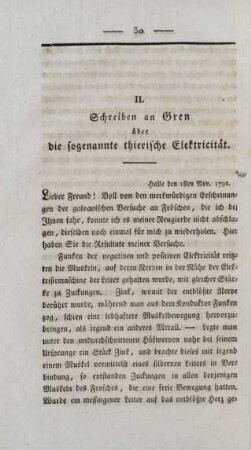 II. Schreiben an Gren über die sogenannte thierische Elektricität