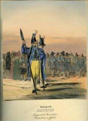 Uniformdarstellung, Hartschiere der Leibgarde der Hartschiere in Gala-Uniform, Königreich Bayern, 1835. Tafel 383 im Buch: Eckert/Monten: Das deutsche Bundesheer in charakteristischen Gruppen.