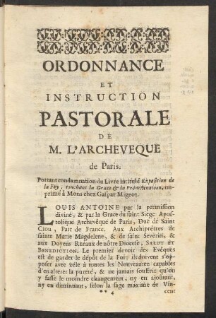 Ordonnance Et Instruction Pastorale De M. L'Archeveque de Paris