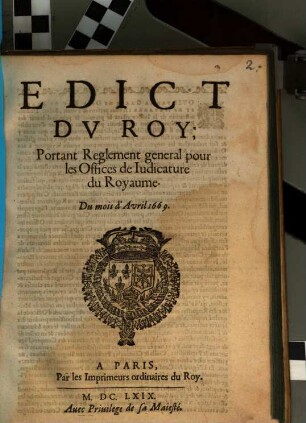 Edict du roy, portant Reglement gener. pour les offices de judicature du Royaume