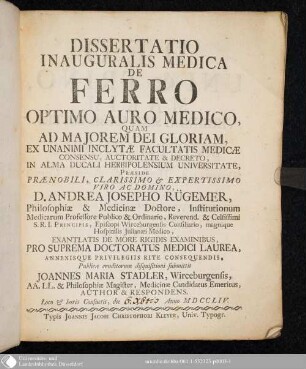 Dissertatio Inauguralis Medica De Ferro Optimo Auro Medico
