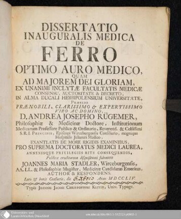 Dissertatio Inauguralis Medica De Ferro Optimo Auro Medico