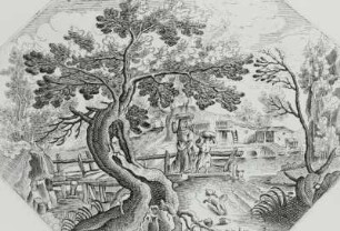 Landschaft mit Baum, Holzbrücke und 2 Personen