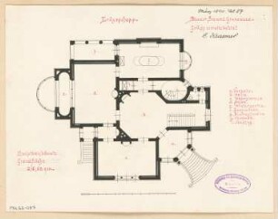 Villa für eine Familie, Berlin-Grunewald Monatskonkurrenz März 1890: Grundriss Erdgeschoss; Maßstabsleiste