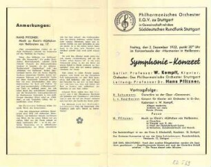 Programmzettel zu einem Symphonie-Konzert des Philharmonischen Orchesters Stuttgart 1932 in der Harmonie unter Leitung von Prof. Hans Pfitzner