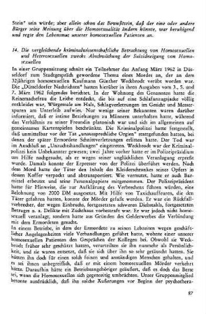 14. Die vergleichende kriminalwissenschaftliche Betrachtung von Homosexuellen und Heterosexuellen zwecks Abschwächung der Suizidneigung von Homosexuellen