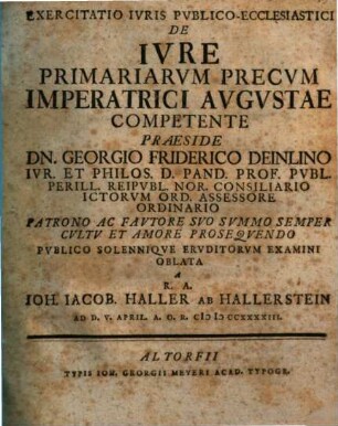 Exercitatio iur. publ.-eccl. de iure primariarum precum, imperatrici augustae competente