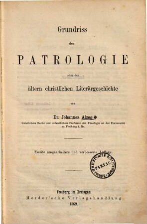 Grundriss der Patrologie oder der ältern christlichen Literärgeschichte