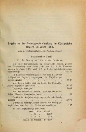 Ergebnisse der Schutzpockenimpfung im Königreiche Bayern für das Jahr.... 1888 (1889)