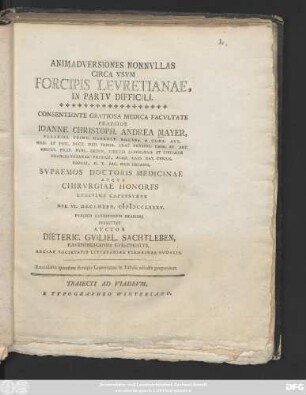 Animadversiones Nonnvllas Circa Vsvm Forcipis Levretianae In Partv Difficili