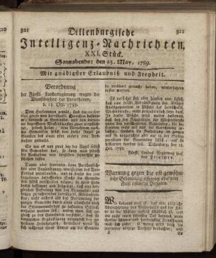 XXI. Stück. Sonnabends: den 23. May, 1789.